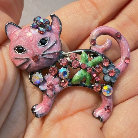 Jewelry - Cat Brooch Pink Enamel Glitter Openwork Statement Pin – 2.75” Tall